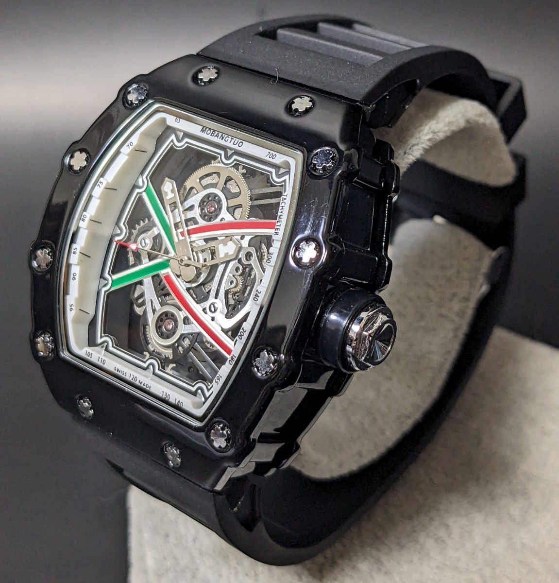 新品 腕時計 リシャールミルtype クオーツ オマージュウォッチ ラバー トノー スケルトン ブラック