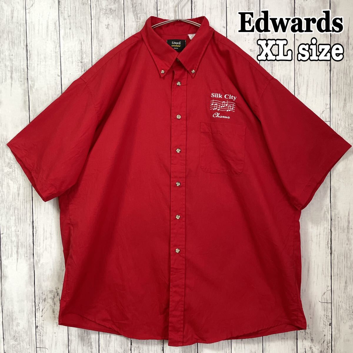 Edwards ボタンダウンシャツ SHIRT オーバーサイズシャツ 半袖 刺繍ロゴ 音符 ビッグシルエット XL 赤 レッド 古着 海外古着_画像1