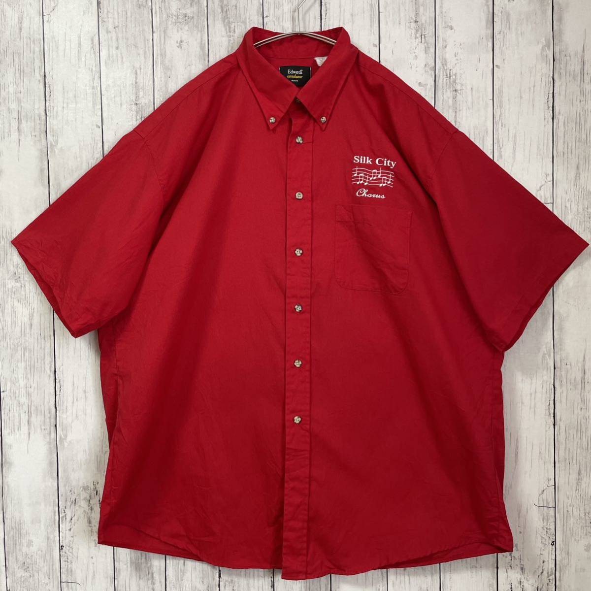 Edwards ボタンダウンシャツ SHIRT オーバーサイズシャツ 半袖 刺繍ロゴ 音符 ビッグシルエット XL 赤 レッド 古着 海外古着_画像2