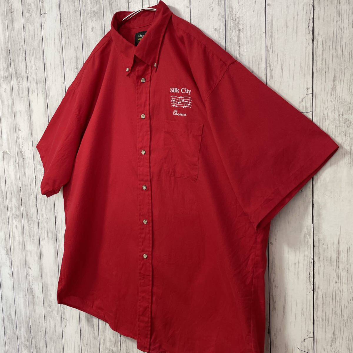 Edwards ボタンダウンシャツ SHIRT オーバーサイズシャツ 半袖 刺繍ロゴ 音符 ビッグシルエット XL 赤 レッド 古着 海外古着_画像6