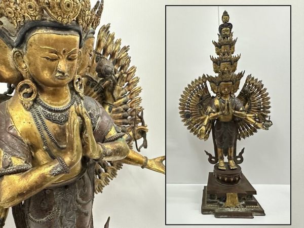 中国古玩 唐物 仏教美術 古銅造 鍍金 チベット仏 十一面千手観音像 仏像 106㎝ 36kg 時代物 極上品 初だし品 C1100