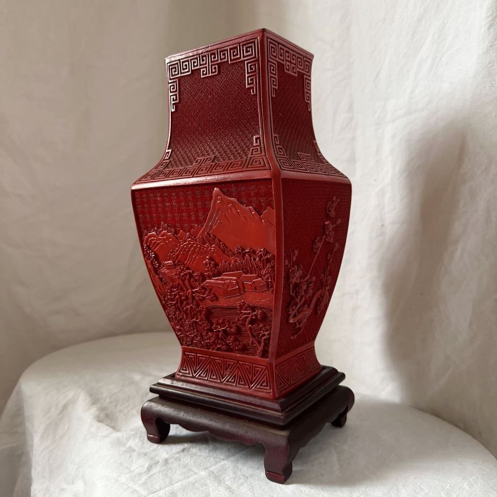 堆朱花瓶四方瓶28cm 彫刻漆器/ 古美術中国美術中国北京彫漆| JChere
