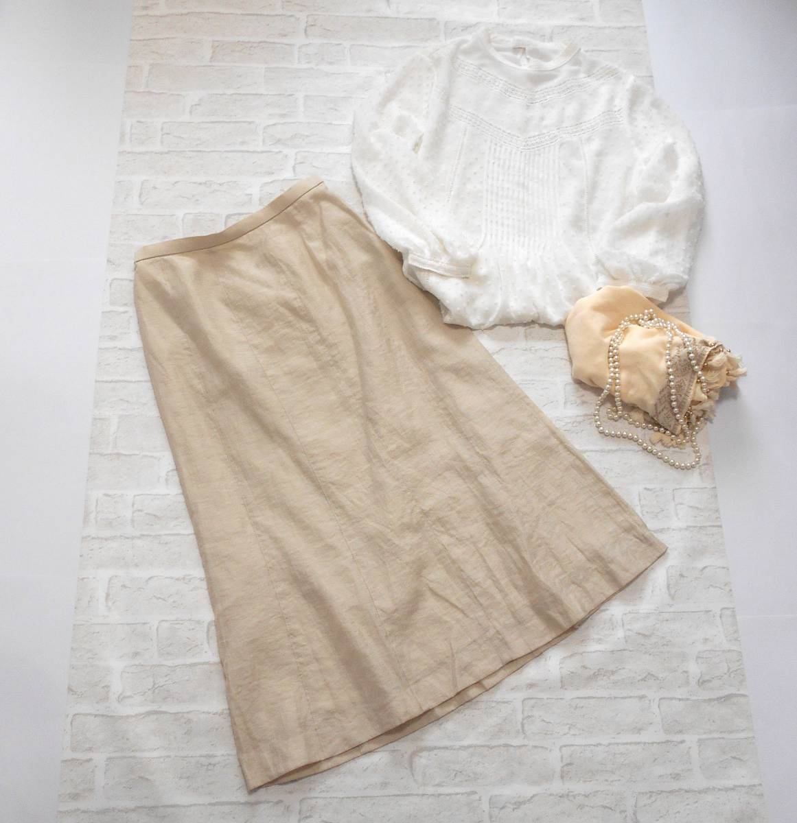 〔美品 送料込み！〕 LEPORTE レポルテ 東京スタイル ベージュ オーガンジー ロング スカート ( 日本製 上品 セレモニー ラクチン 洗える )_オーガンジーロングスカートです