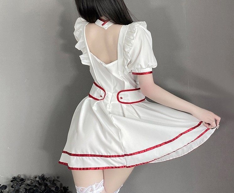 ナース M コスプレ　セクシー　制服　エロかわ　ロリータ メイド服 エプロン フリル ホワイト 白 仮装 プレゼント バレンタイン