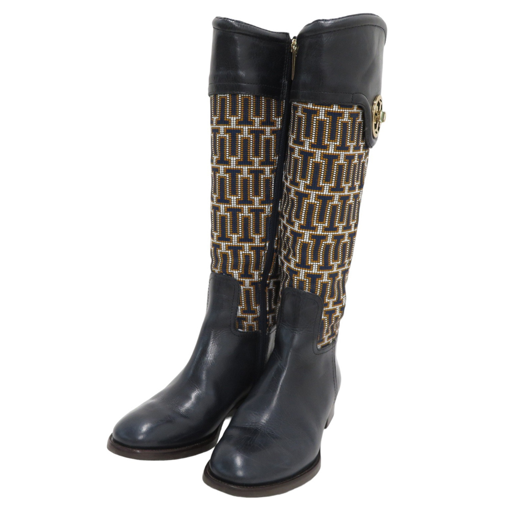 TORY BURCH トリーバーチ 4117 Tタイルパターンコンビネーション サイドジップレザーロングブーツ ネイビー系 6M [240101022800]_画像1