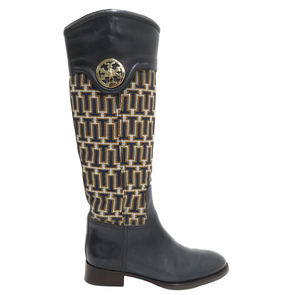 TORY BURCH トリーバーチ 4117 Tタイルパターンコンビネーション サイドジップレザーロングブーツ ネイビー系 6M [240101022800]_画像4