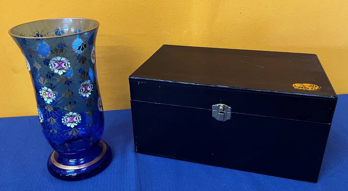 【T】E2◆ボヘミアンガラス 花瓶 チェコスロヴァキア ボヘミアグラス ブルー フラワーベース