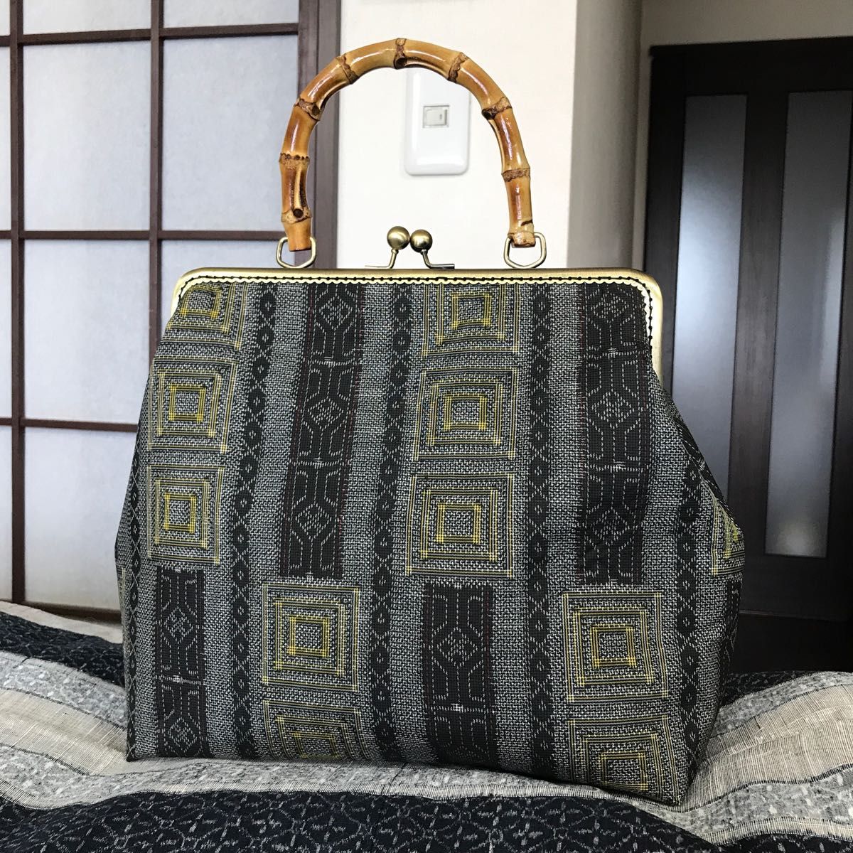 ハンドメイド 和柄 大島紬リメイク がま口 バッグ - 通販