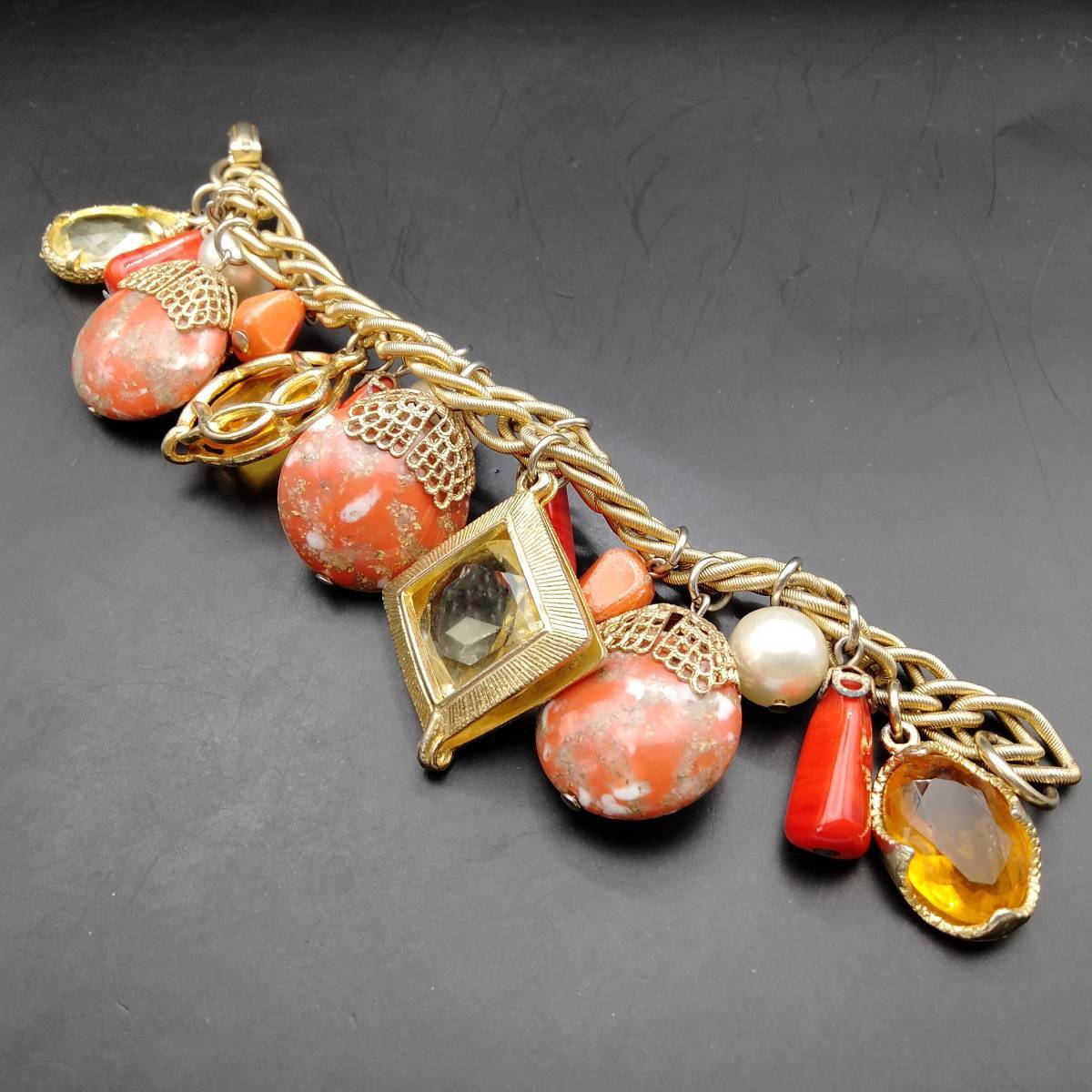  orange red Stone fake pearl charm Vintage bracele bangle Showa Retro accessory jewelry import 8S-R