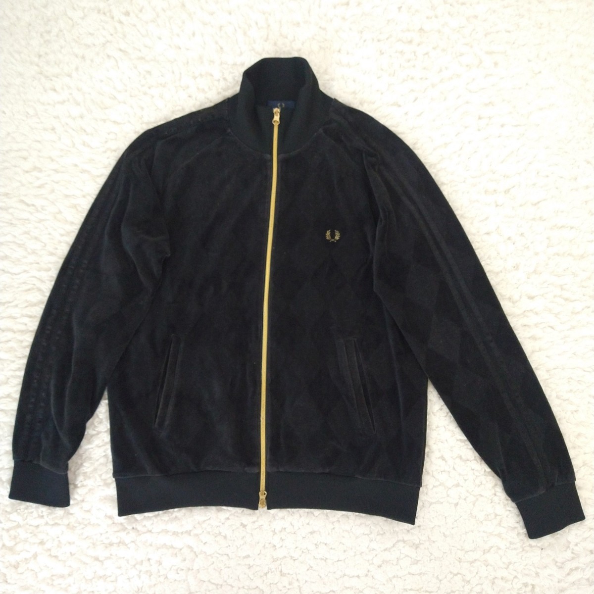 良品 FRED PERRY ベロア アーガイル トラックジャケット サイズL フレッドペリー ジャージ ゴールド ブラック 金×黒_画像2