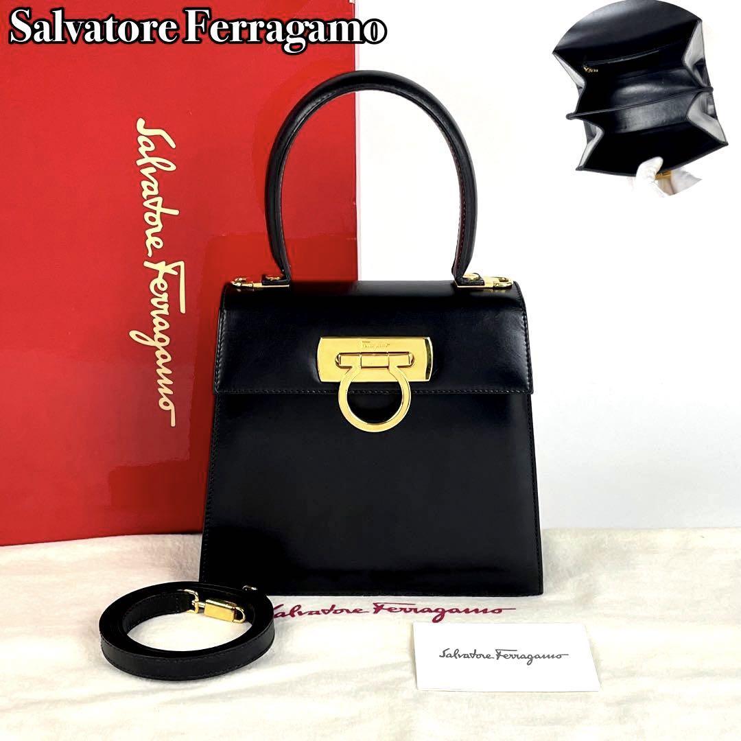 美品●Salvatore Ferragamo フェラガモ ハンドバッグ 2way ショルダーバッグ ガンチーニ ゴールド金具 斜め掛け レザー 黒  ブラック