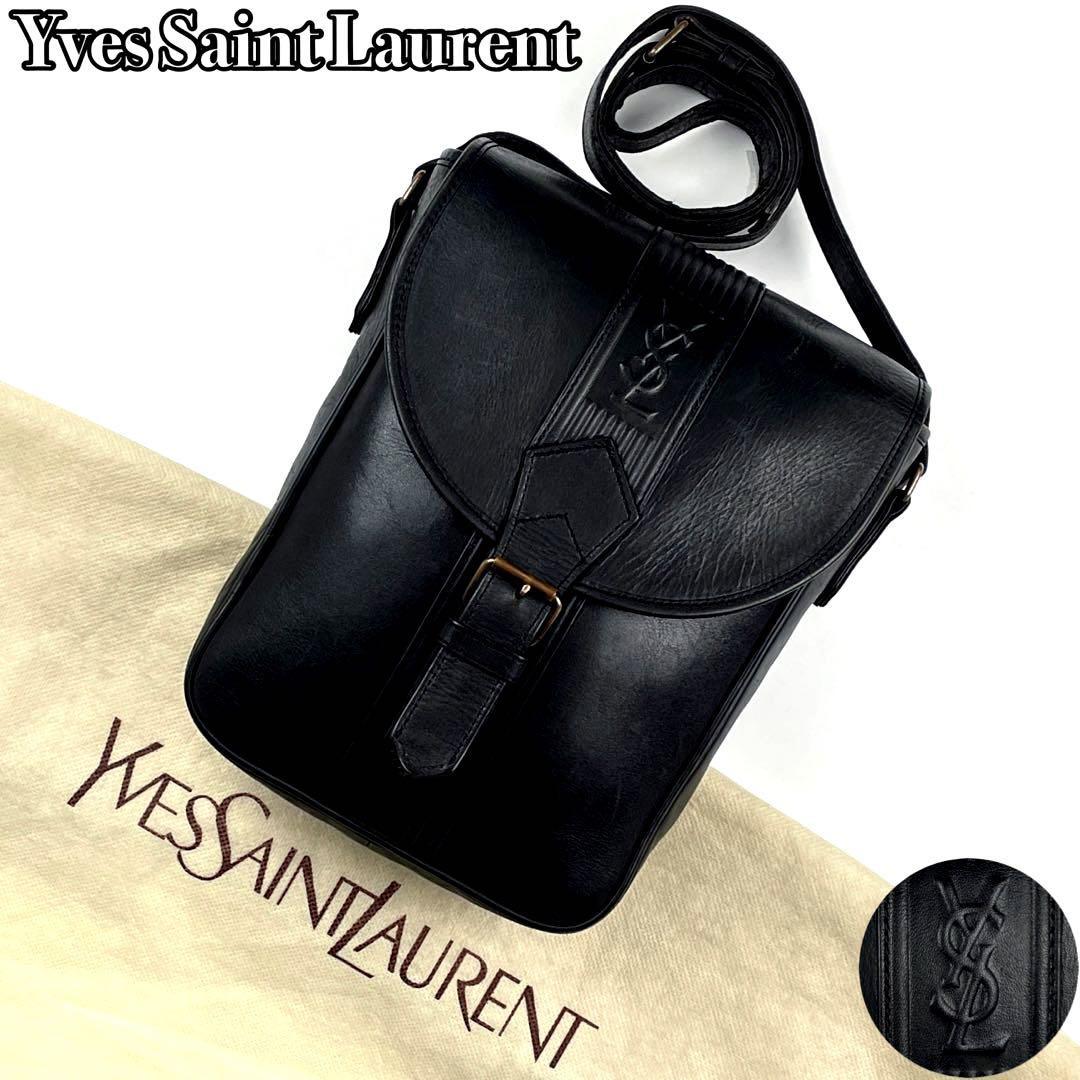 美品●Yves Saint Laurent イヴサンローラン ショルダーバッグ YSL カサンドラ ロゴ ベルト 斜め掛け ゴールド金具 レザー 黒  ブラック