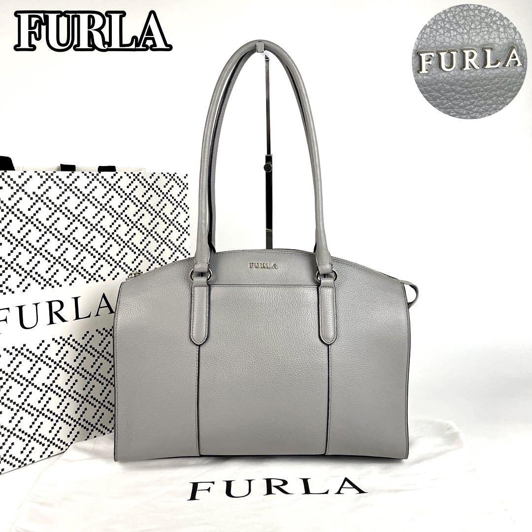 極美品●FURLA フルラ NORAH ノラ トートバッグ 肩掛け ゴールド金具 ロゴ ショルダーバッグ シボ革 レザー グレー 灰色 フォーマル