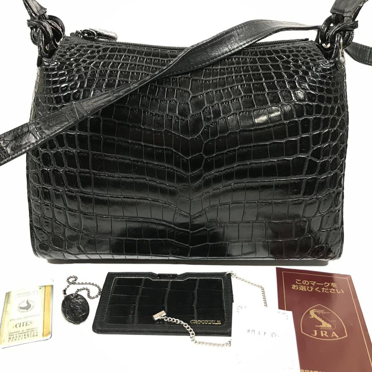 [ Akira day .] genuine article ASUKA crocodile JRA shoulder bag diagonal .. one shoulder black wani leather for women lady's made in Japan card-case attaching 