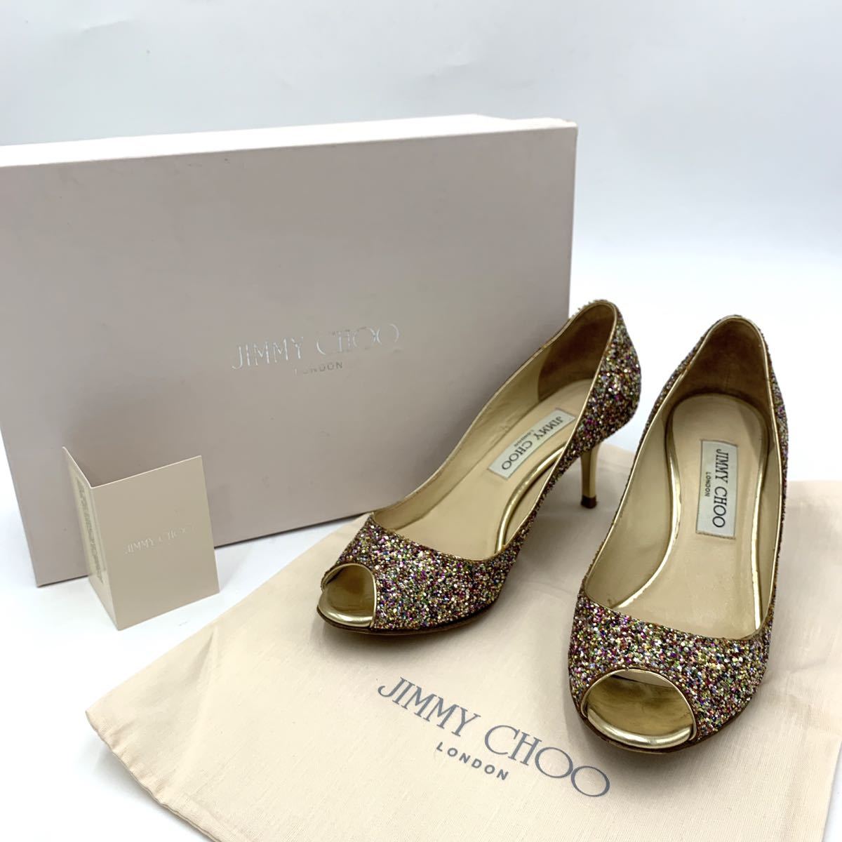 ＊ 良品 付属品完備 イタリア製 '高級婦人靴' JIMMY CHOO ジミーチュウ 本革 グリッターラメ / オープントゥ ヒール パンプス EU35 22cm_画像1