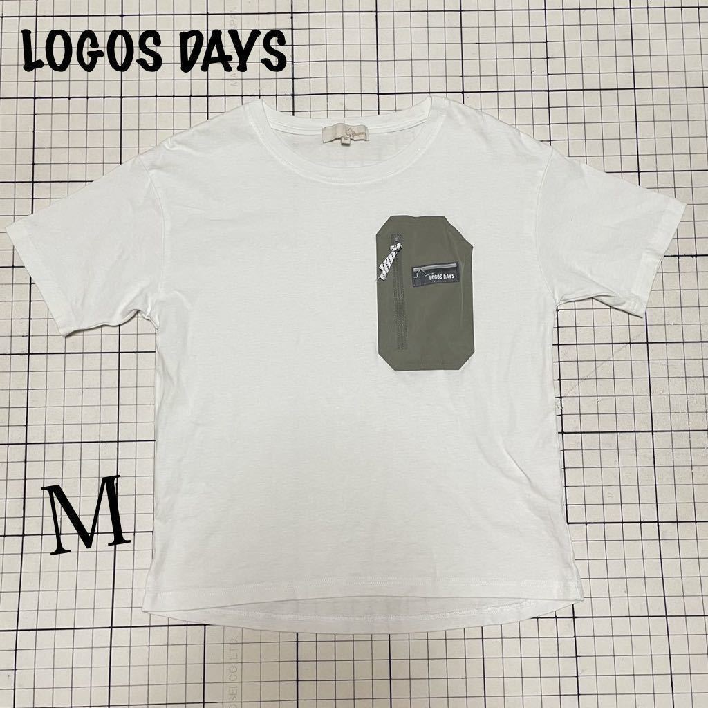 ロゴスデイズ【LOGOS DAYS】半袖ポケットTシャツ ファスナー付き スマホすっぽり Ｍサイズ ホワイト×カーキ/白 登山 ハイキング キャンプ