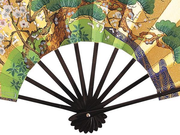 9104, Mai fan Japan dancing,.. for 29cm both sides gold sand . manner, pine bamboo plum black paint . capital fan box attaching 