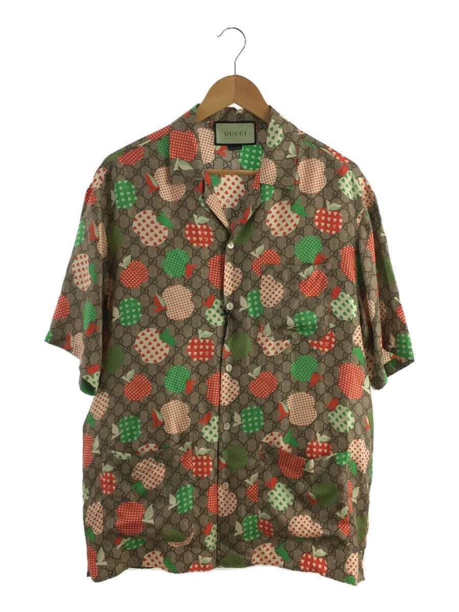 GUCCI◆アロハシャツ/48/シルク/BEG/総柄/663638/オープンカラーシャツ/GG/リンゴ