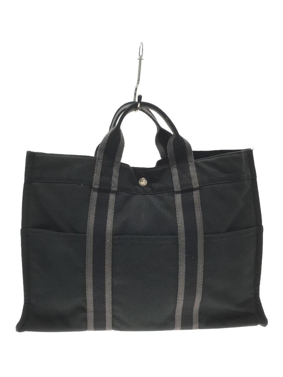 HERMES◆トートバッグ/フールトゥトートMM/コットン/BLK_画像1