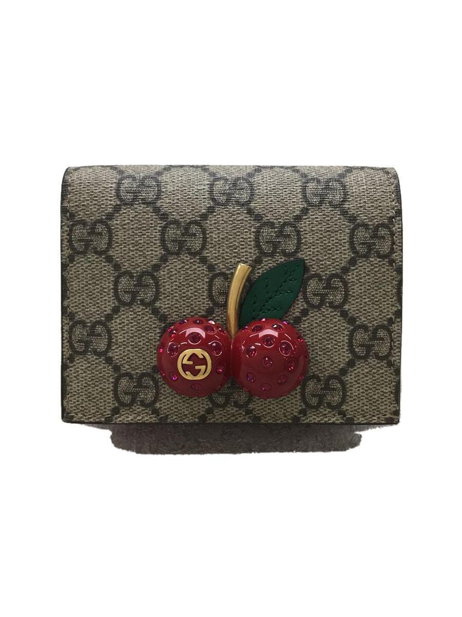 最新作の GUCCI◇GGスプリーム/チェリー/2つ折り財布/レザー/BEG/総柄