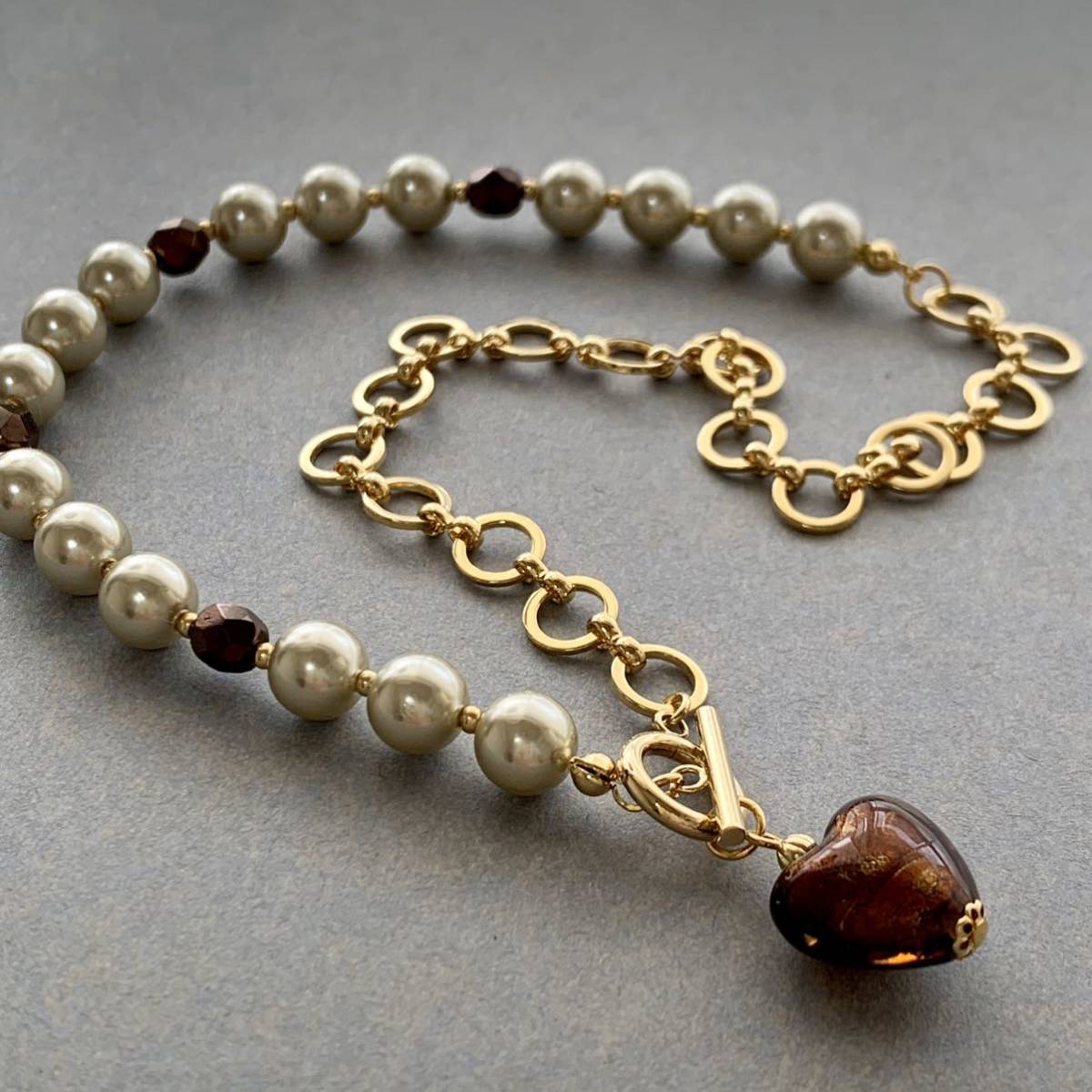  hand made * Venetian Heart silver . resin pearl Czech beads man teru necklace dark topaz 40. beads accessory No.1873