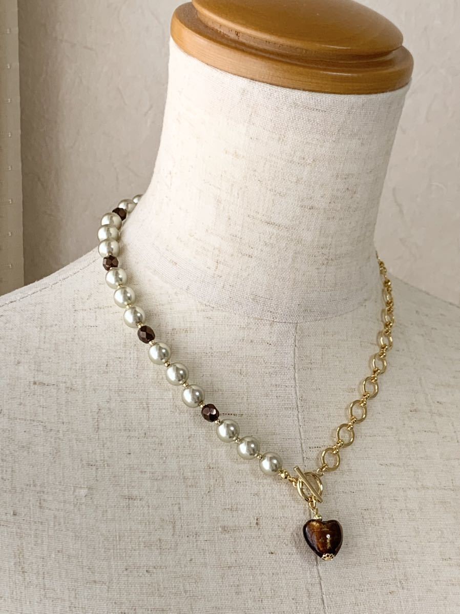  hand made * Venetian Heart silver . resin pearl Czech beads man teru necklace dark topaz 40. beads accessory No.1873