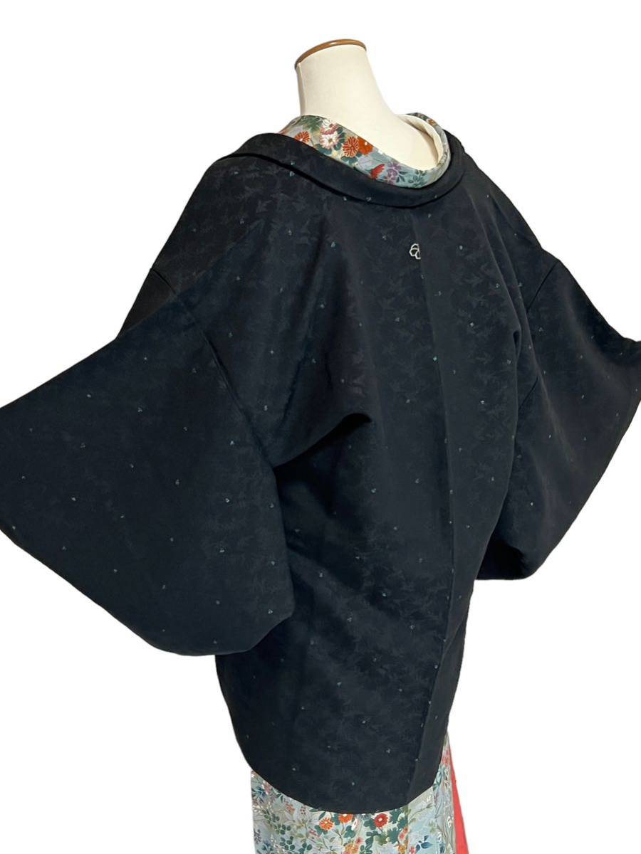 黒羽織 一つ紋 羽織 和装コート 着物用コート 中古 リサイクル着物 裄63cm