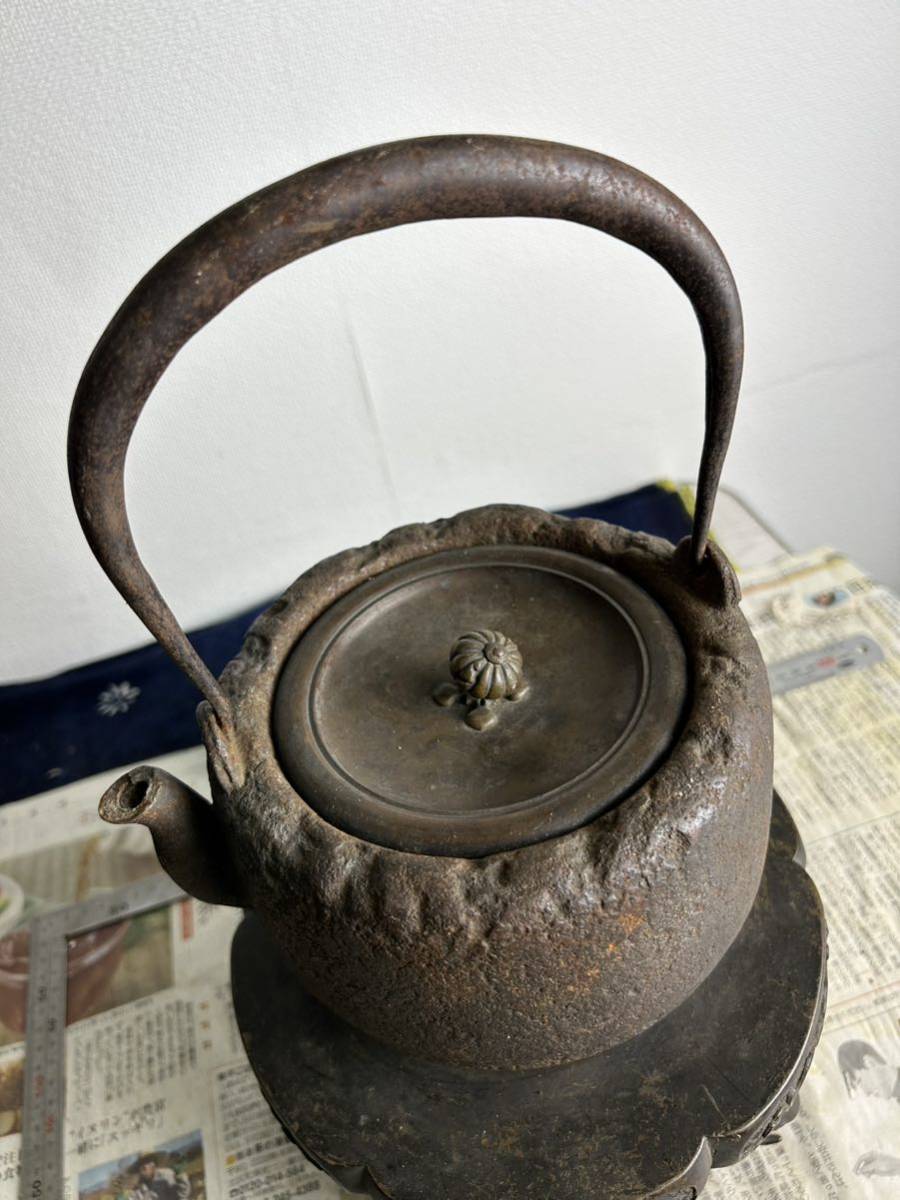 明治大正期 銅蓋在銘青龍堂造 道安丸形 大振 鉄瓶 /角印大国之造/大国