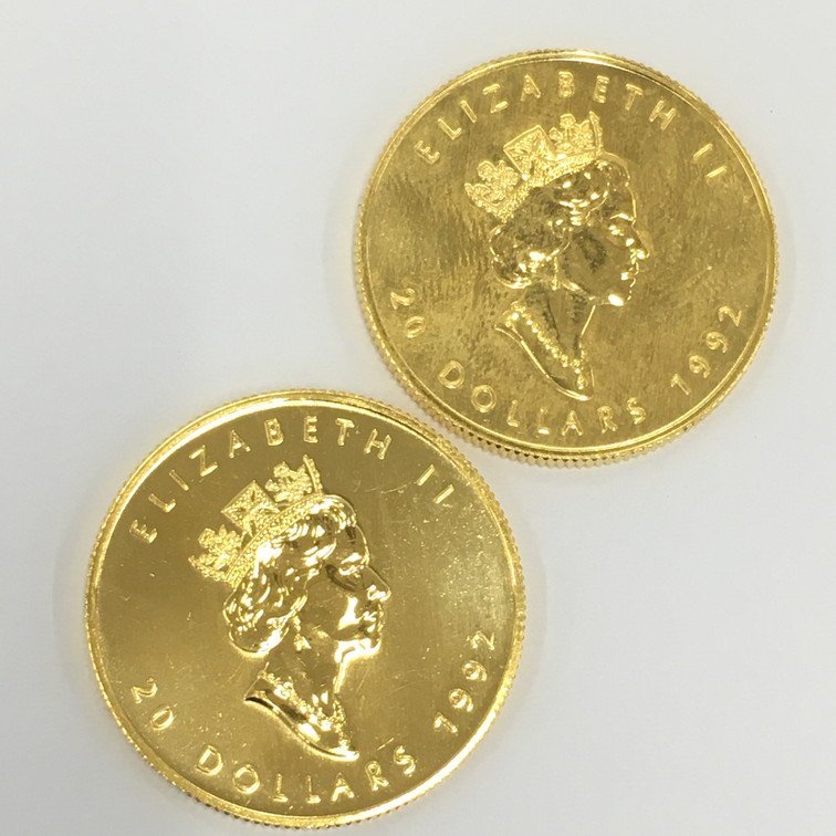 BHAQ6096】K24 カナダ メイプルリーフ金貨 1/2oz 2枚セット 総重量31.2