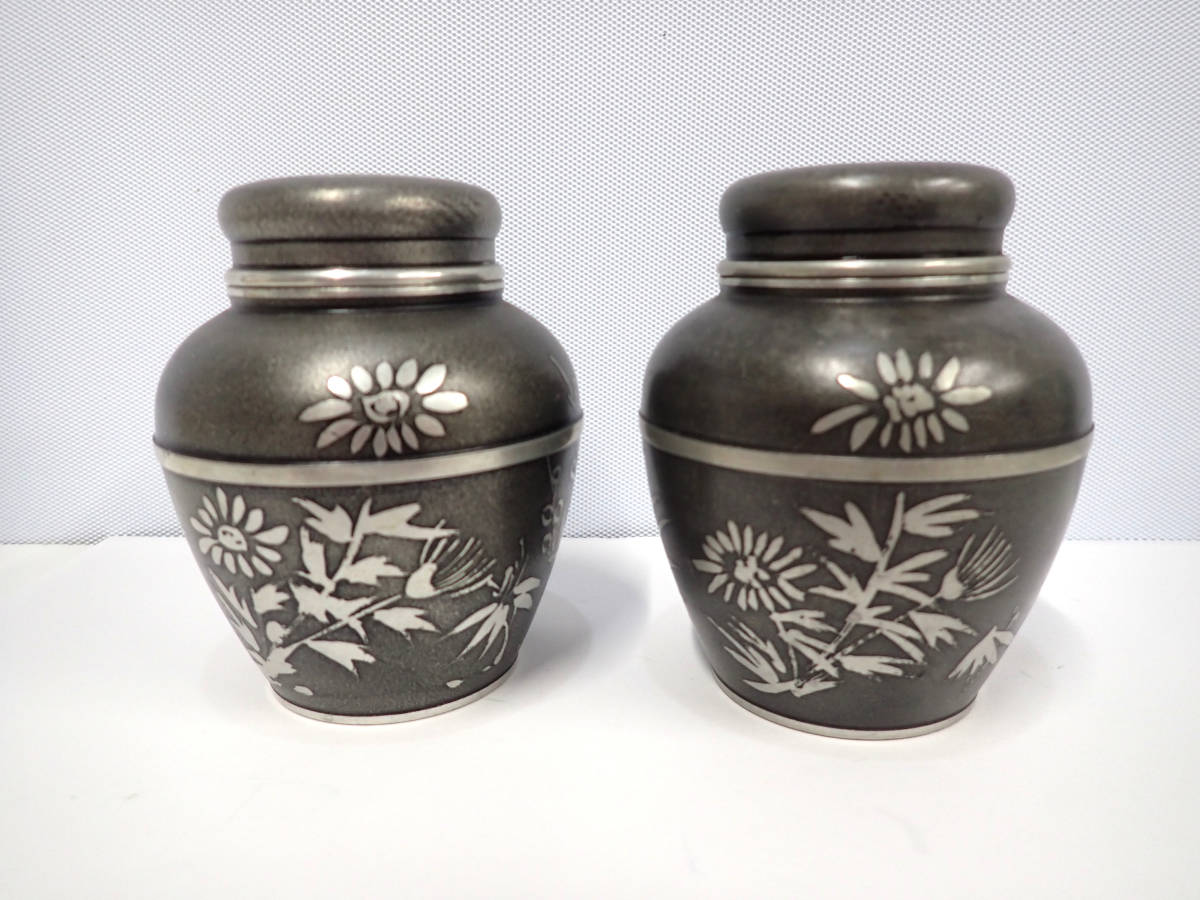 錫製乾茂號造茶入高さ約9.0cm 重量約259g/266g 2個セット錫器金属工芸