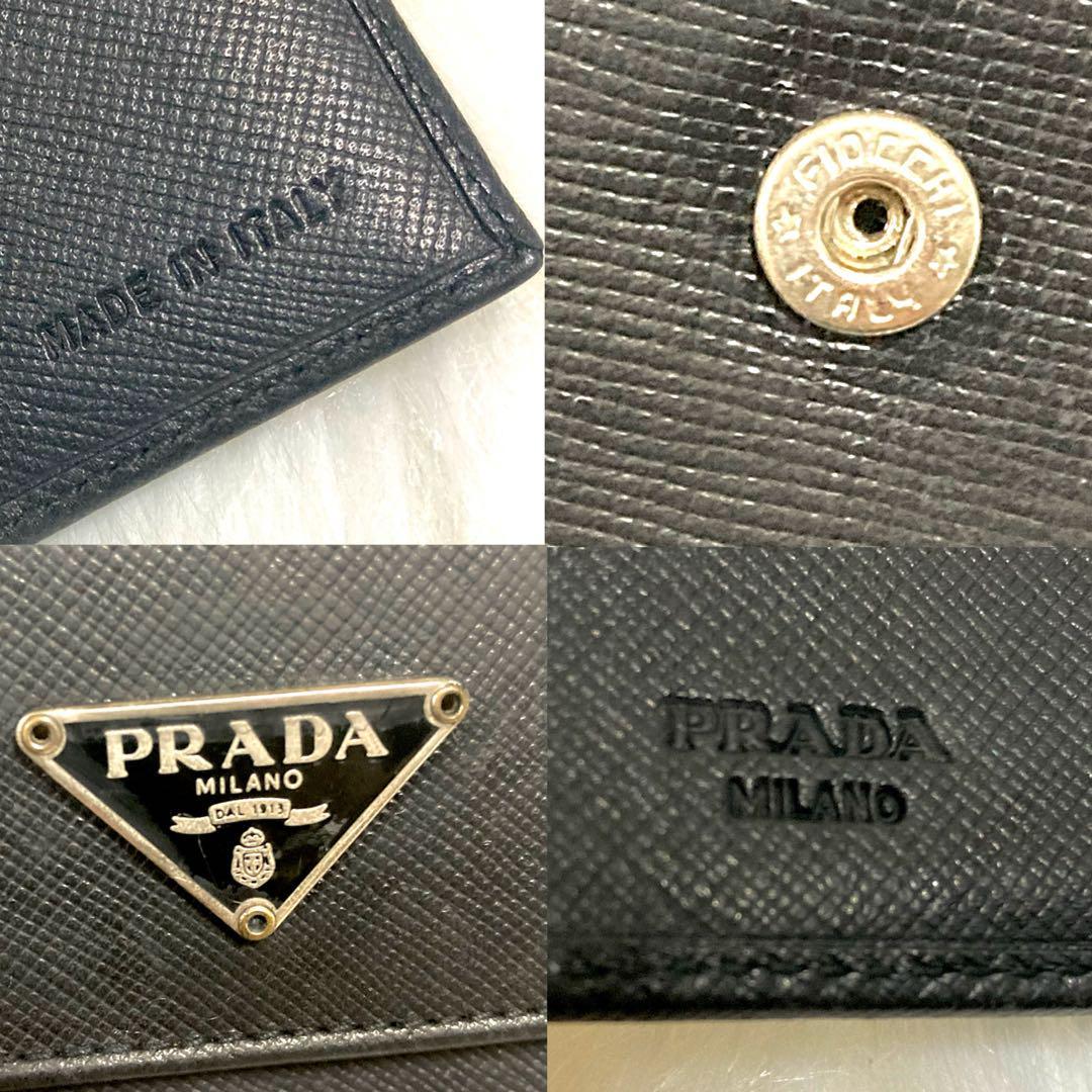 極美品 PRADA プラダ 折り財布 三角プレート レザー ロゴ金具 サフィアーノ ブラック メンズ 二つ折り 三つ折り 本革 黒 札入れ ケース