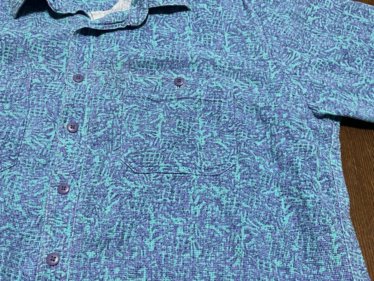 ビンテージ 80s 香港製 旧タグ L.L.Bean LLビーン 半袖シャツ Lサイズ コットン100% 総柄 水色 アロハシャツ オールドサーフ ヴィンテージ _画像8