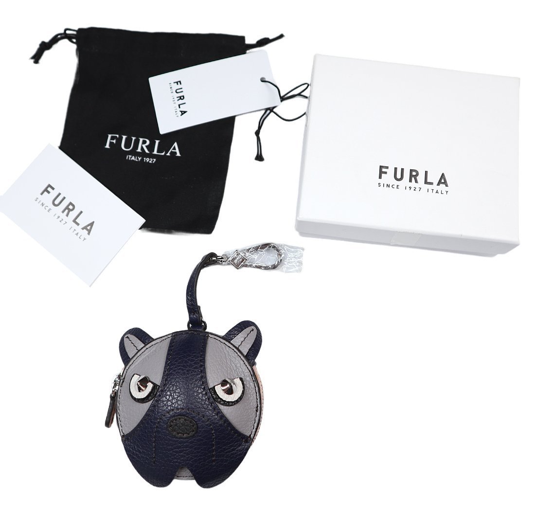 バッグに付ければ、絶好のアクセント！【 FURLA / フルラ (伊 】お茶目なアニマルモチーフ 小銭入れ付きレザーチャーム 紺灰 /キーホルダー_画像1