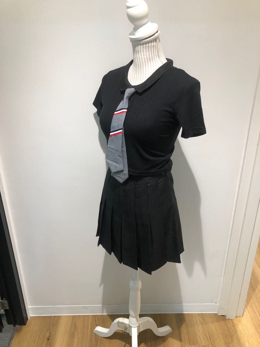 韓国 制服 セットアップ スクール プリーツスカート ネクタイ リボン コスプレ シンプル XL  ブラック