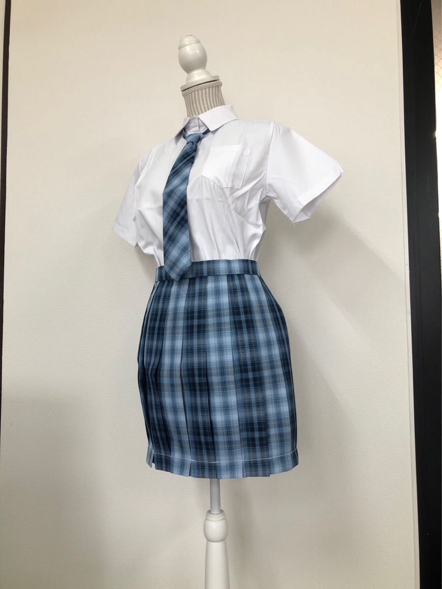 チェック 制服 上下セット コスプレ JK 女子高生  半袖 韓国 ブルー ネクタイ M