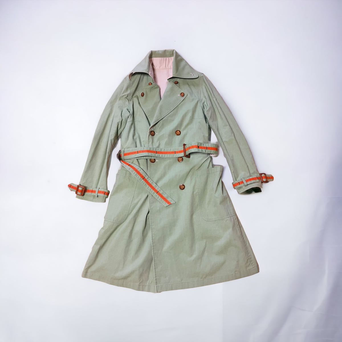 希少 vintage The Dress &Co. HIDEAKI SAKAGUCHI きれい色トレンチコート ライトグリーン 淡い緑 ソルベカラー ベルトレザー 白 ロング