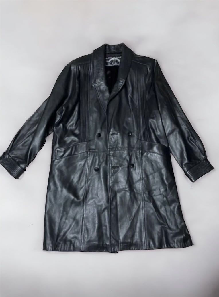 80s Vintage TOKYO SOLEAGE レザーロングコートジャケットビンテージ LEATHER GENUINE フリーサイズ メンズ 本革 インポート品 黒ブラック