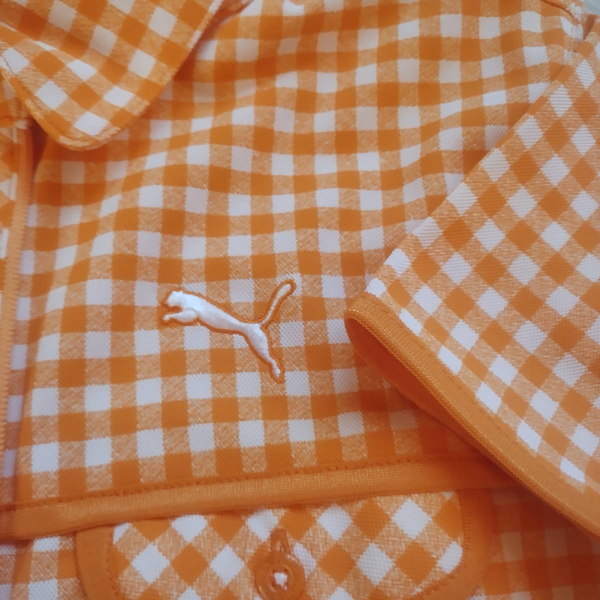 美品！　プーマゴルフ　PUMA GOLF　前ボタン半袖シャツ　サイズＳ　オレンジ×ギンガムチェック　超ドライ　速乾薄手生地