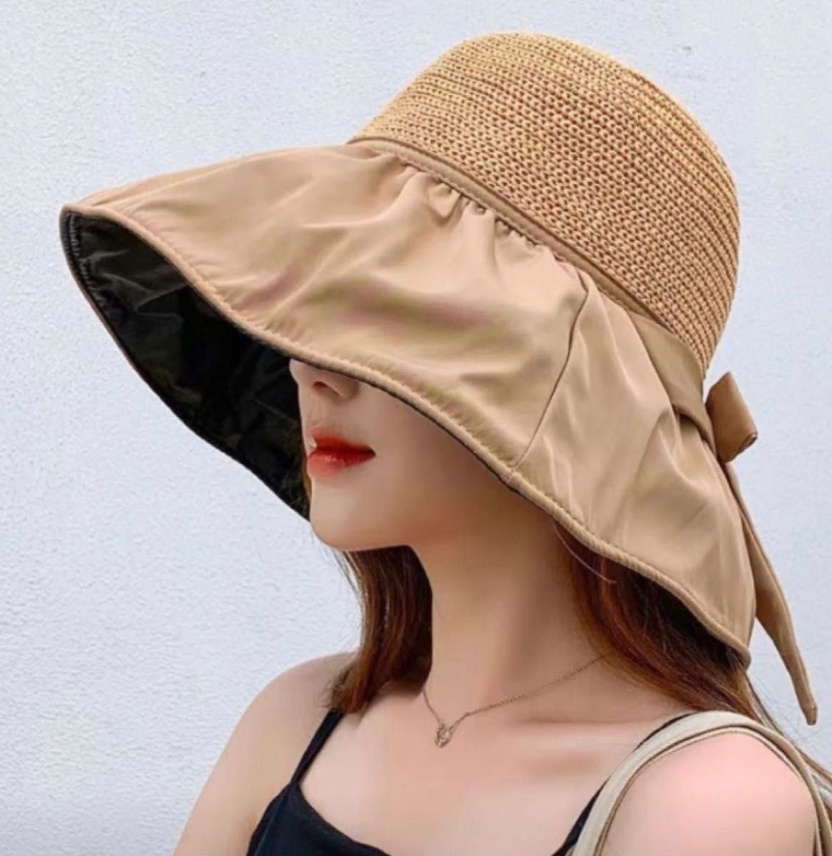 【ベージュ】UVカット帽子 レディース 日焼け防止 日除け エレガント麦わら帽子  折りたたみ 