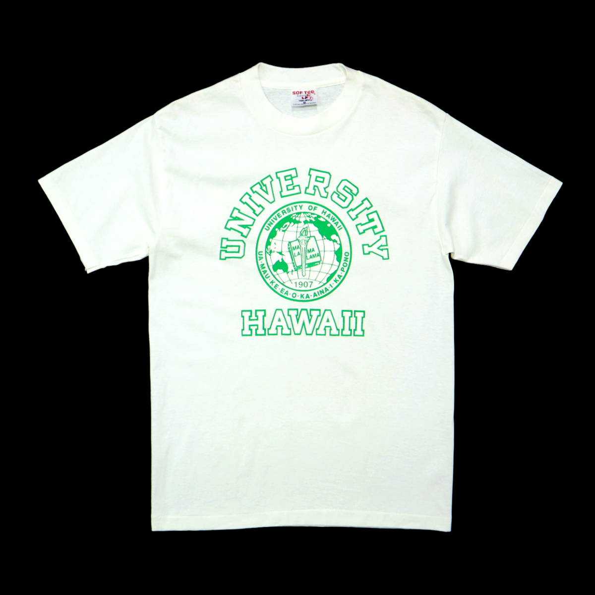 送料無料 デッドストック 80s 90s ビンテージ SOF TEE USA製 UNIVERSITY OF HAWAII カレッジ ロゴ プリント Tシャツ ハワイ大学 白 古着_画像1