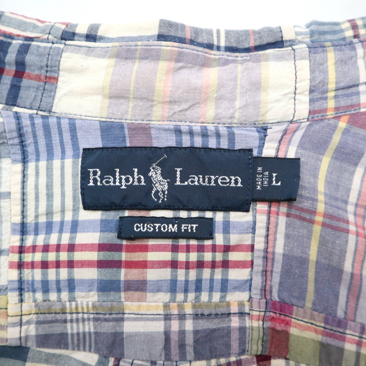 90s Vintage RALPH LAUREN Ralph Lauren Индия хлопок лоскутное шитье кнопка down рубашка с коротким рукавом CUSTOM FIT 90 годы б/у одежда мужской L American Casual 