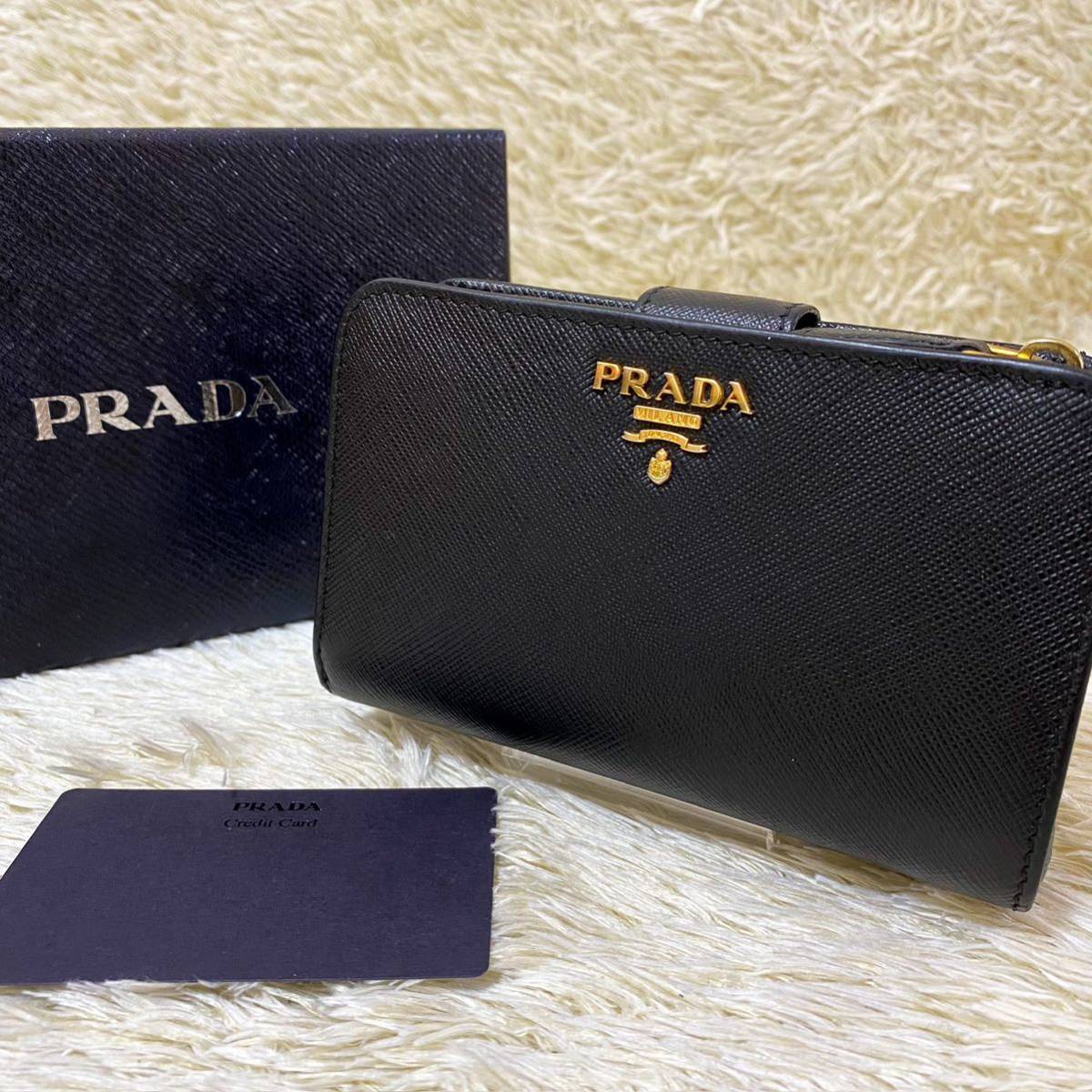 1円 級 PRADA プラダ 二つ折り財布 サフィアーノ ネロ l字ファスナー