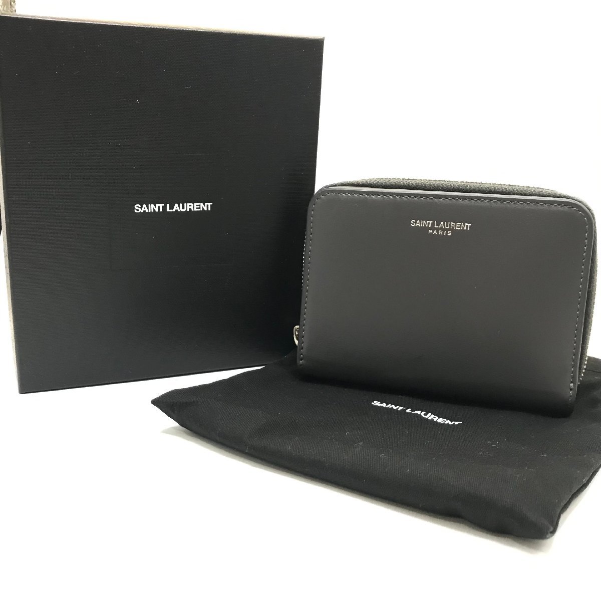 SAINT LAURENT サンローラン レザー ロゴ 二つ折り コンパクト 財布 ジッピー グレー 美品 M12561