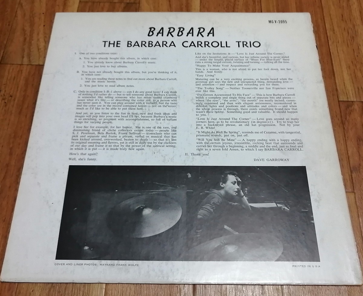 【米オリジナル】Barbara Carroll / Barbara Mgv2095 青銀 両面極太DG 深溝 MONO モノラル バーバラ・キャロル 青銀ラベル 稀少_画像2