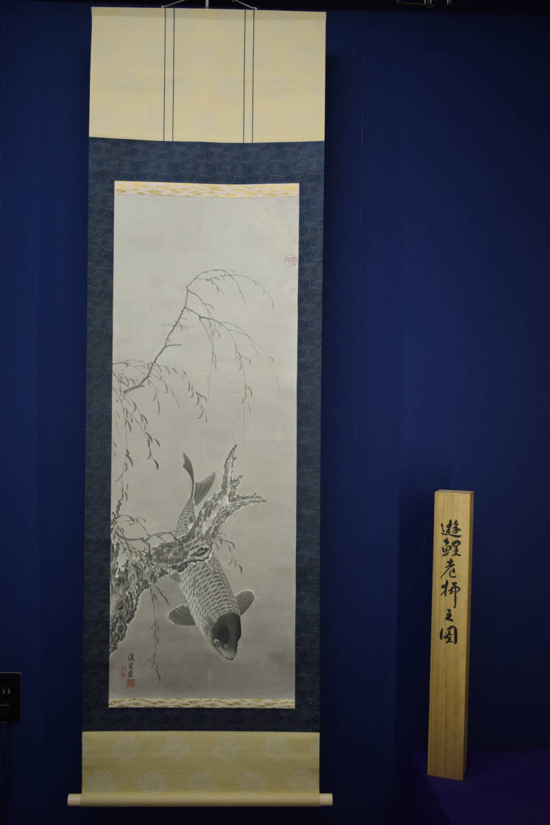 真作/谷口渓雲/柳に遊鯉図/鯉/桐共箱付/布袋屋掛軸A-138 真作/谷口渓雲/柳に遊鯉図/鯉/桐共箱付/布袋屋掛軸A-138