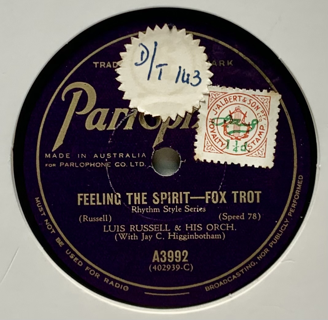 LUIS RUSSELL & HIS ORCHE/ FEELING THE SPIRIT/BLESS YOU! SISTER/(Parlophone A3992) 78rpm sp запись (.)