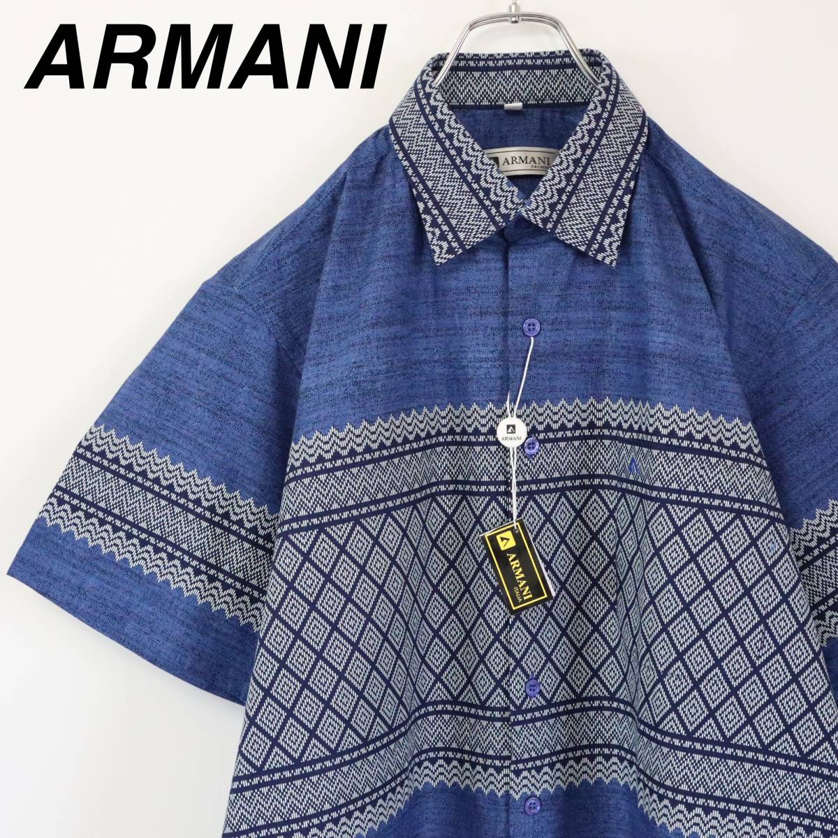 【新品】ARMANI　アルマーニ　総柄シャツ　半袖　ブルー　青色　Mサイズ　刺繍ロゴ　イタリア　ボタンダウン　メンズ　タグ付き　未使用品_画像1