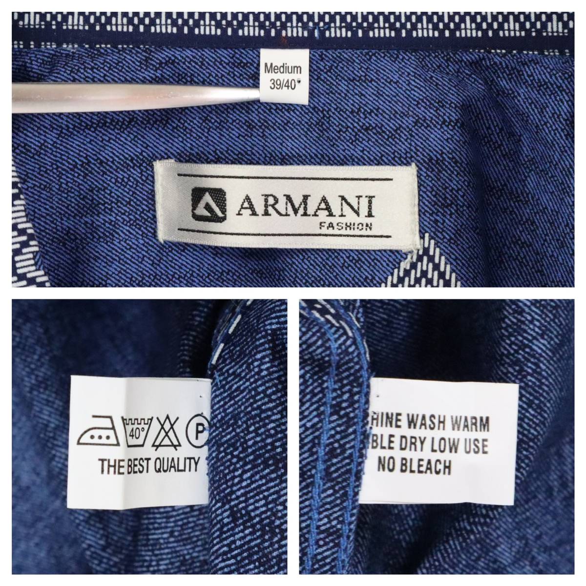 【新品】ARMANI　アルマーニ　総柄シャツ　半袖　ブルー　青色　Mサイズ　刺繍ロゴ　イタリア　ボタンダウン　メンズ　タグ付き　未使用品_画像9