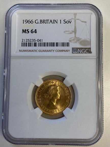 1966年イギリス ロイヤルミントエリザベス2世 NGC MS64ソブリン金貨