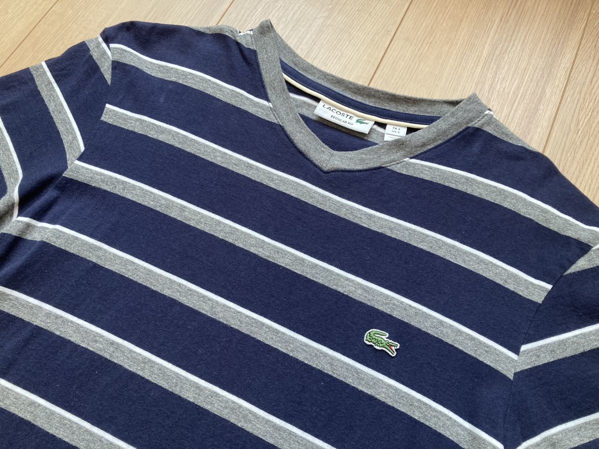 ☆LACOSTE Ｖネック Tシャツ 紺 ラコステ 刺繍 ボーダー 正規品 S〜M ロサンゼルス リゾート ネイビー 半袖Tシャツ_画像3